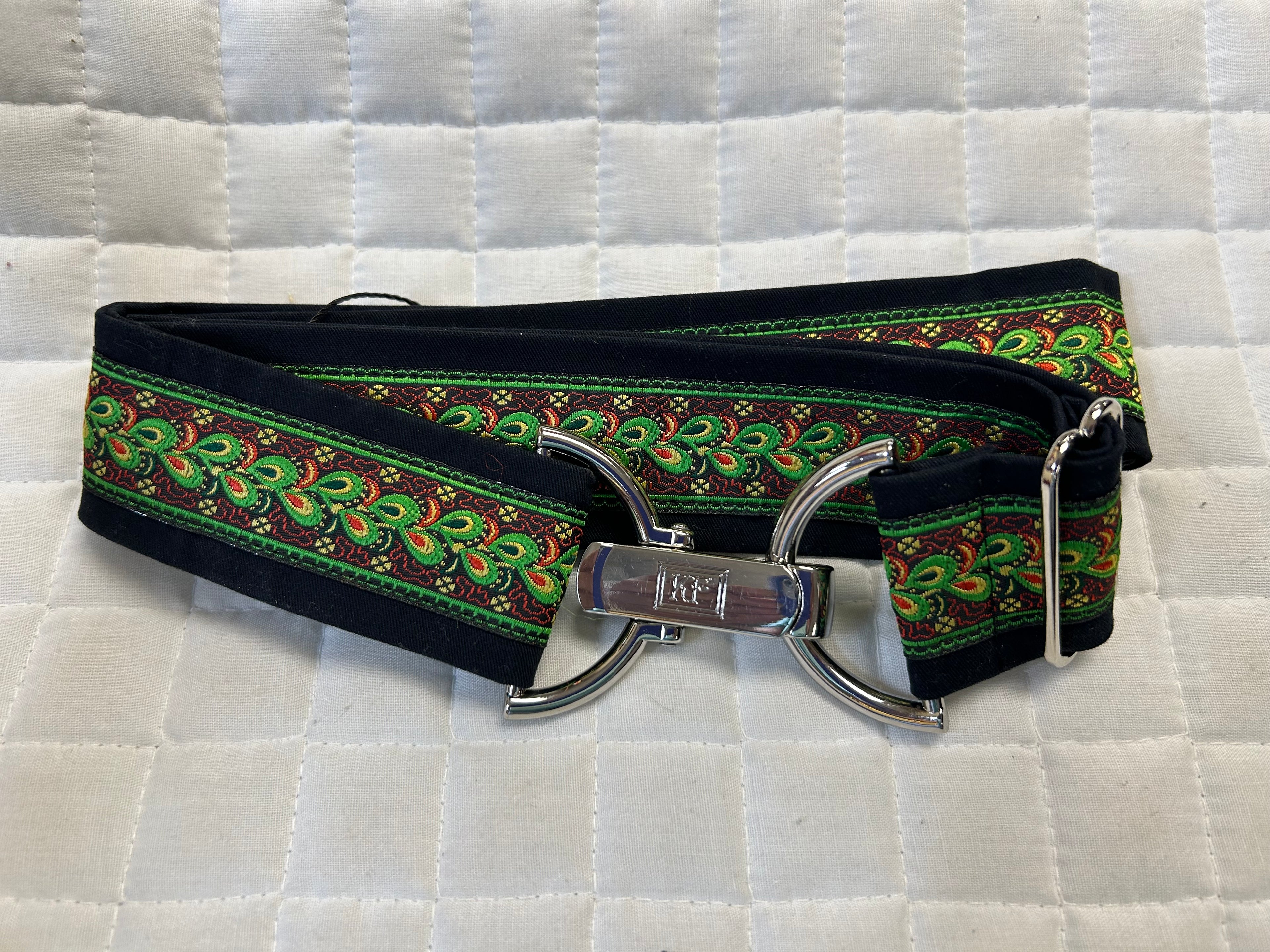 KF Clothing Green Peacock Feathers Ribbon Belt 1.5"