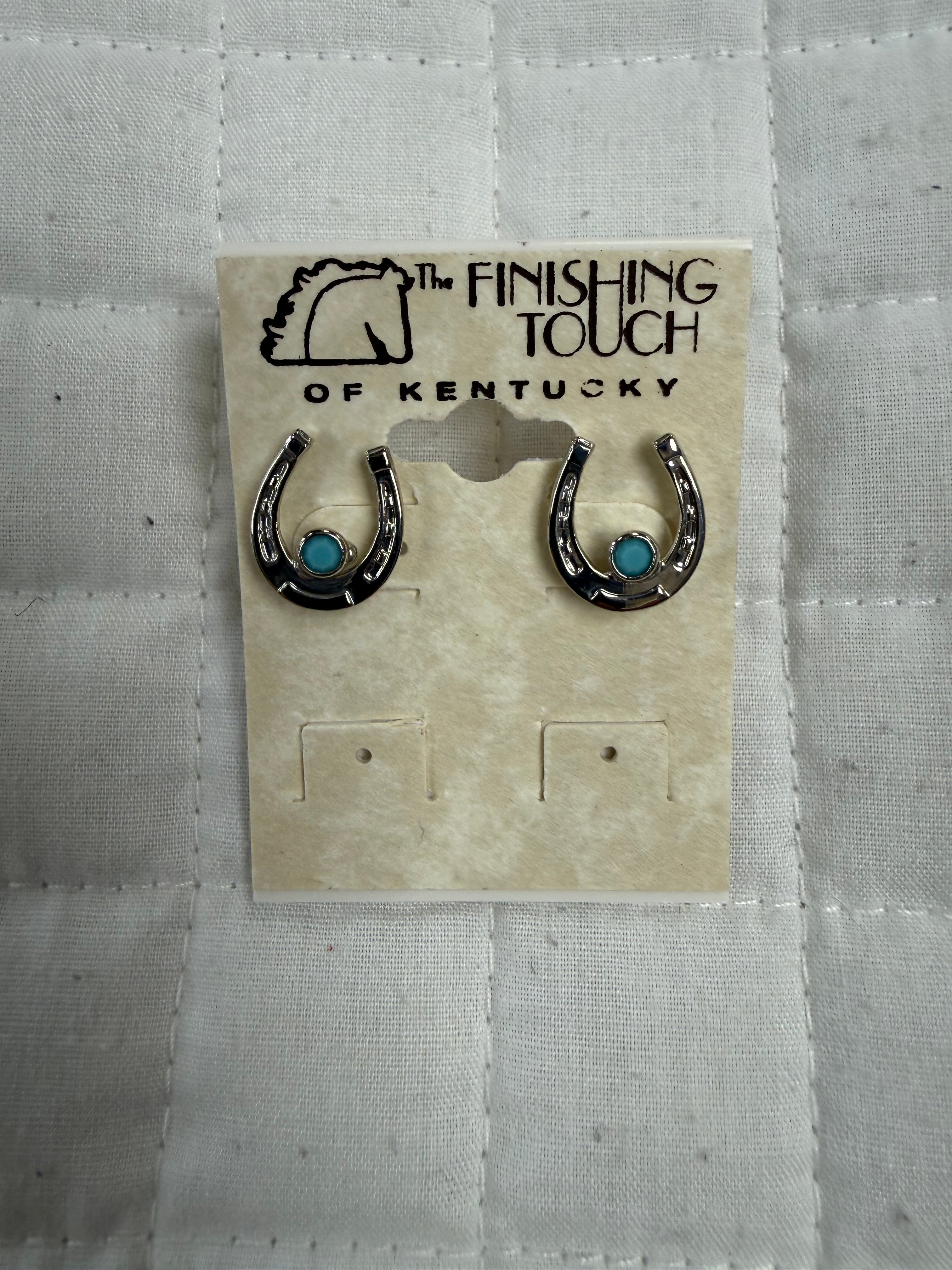 Silver Horseshoe w Blue Stone Earrings